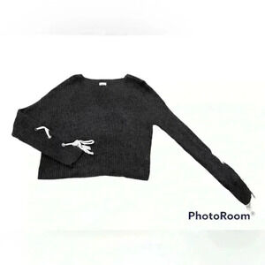 Madison And Berkeley Gray Sweater with White lace up on sleeves